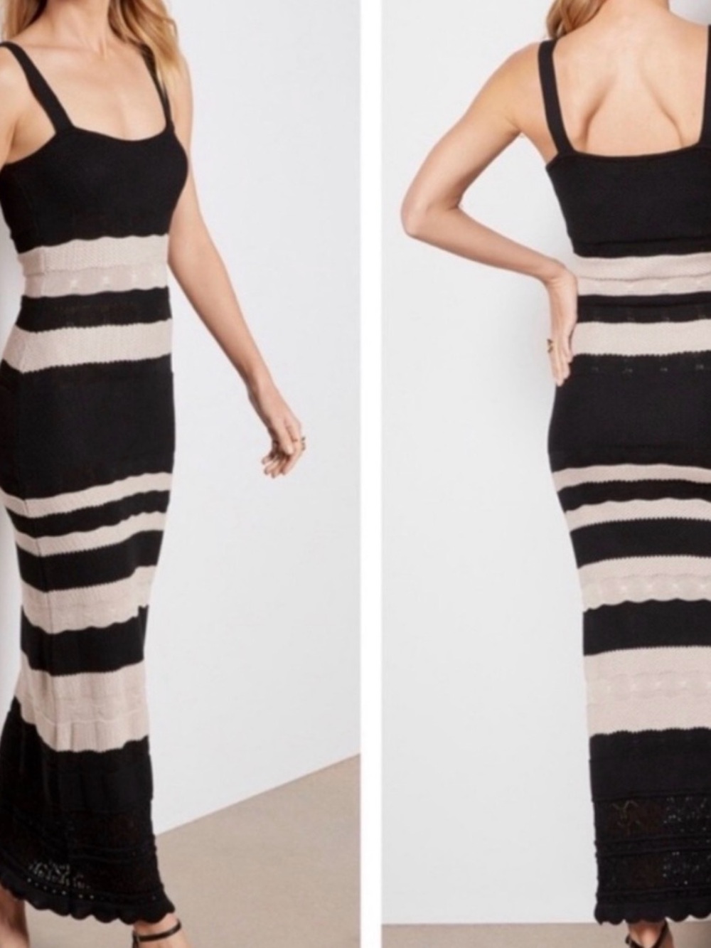 Evereve Black and Cream Cotton Blend Striped Knit Maxi Dress SZL B4